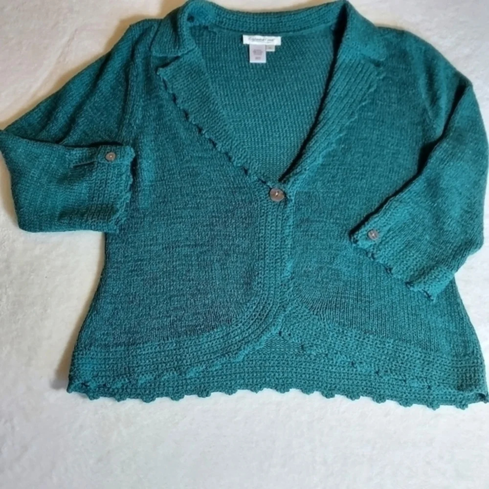 Coldwater Creek Green One Button Cardigan Sweater Scalloped Edge Hemline